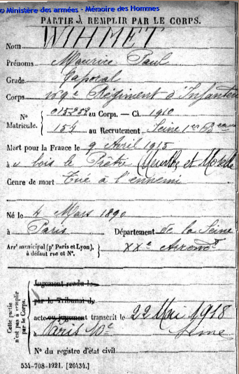 photo 87 Fiche Militaire de Maurice Paul Wihmet